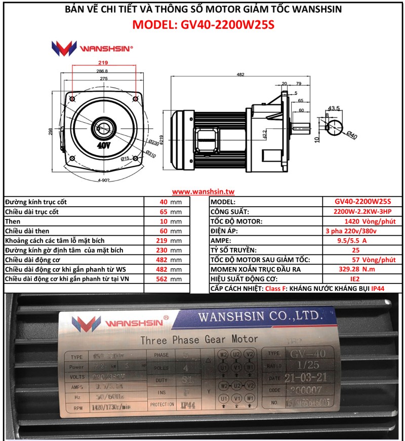 Động Cơ Giảm Tốc Mặt Bích Wanshsin GV40-2200W-25S