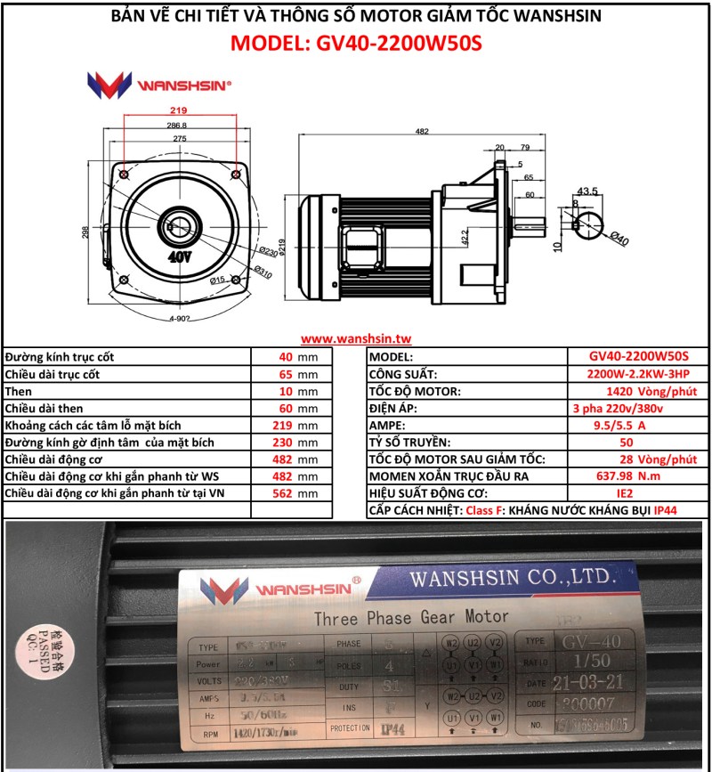 Động Cơ Giảm Tốc Mặt Bích Wanshsin GV40-2200W-50S