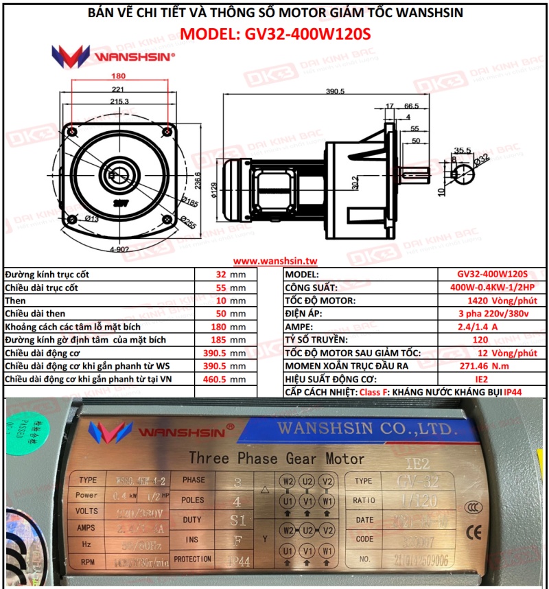 Thông số kỹ thuật của Động cơ giảm tốc mặt bích Wanshsin GV32-400W-120S