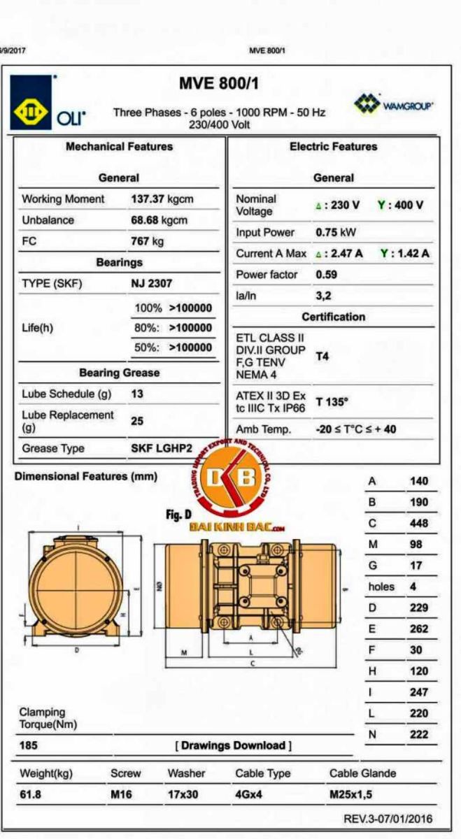 Bản vẽ chi tiết động cơ rung Oli 6 cực 0.68KW