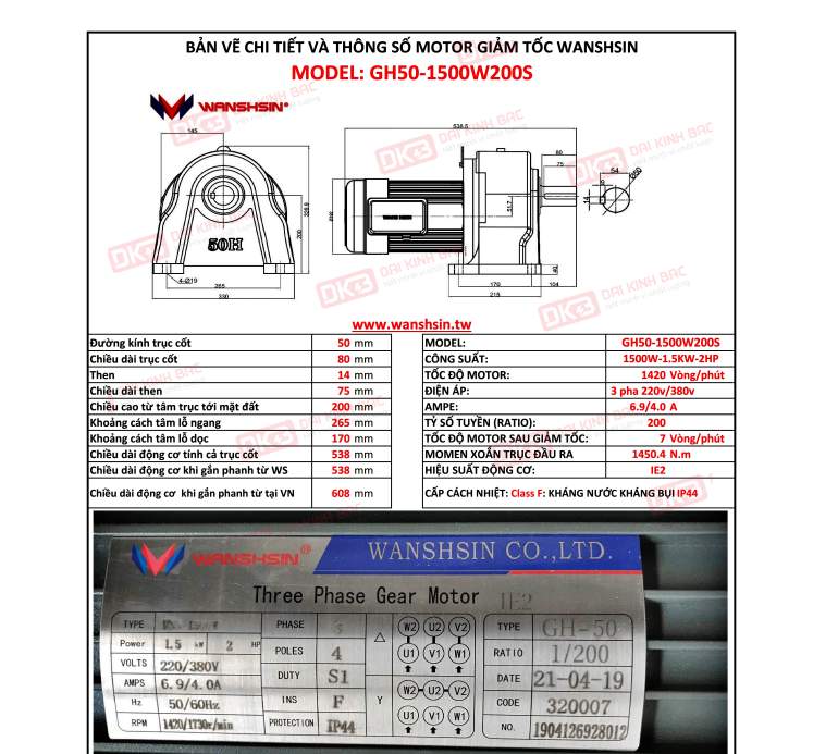 Động Cơ Giảm Tốc Chân Đế Wanshsin GH50-1500W-200S