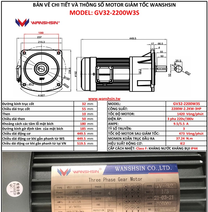 Động Cơ Giảm Tốc Mặt Bích Wanshsin GV32-2200W-3S