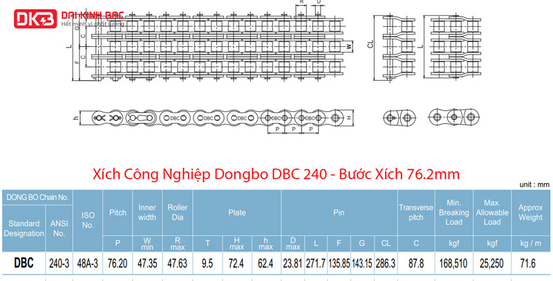 Xích Công Nghiệp Dongbo DBC 240 - Bước Xích 76.2mm
