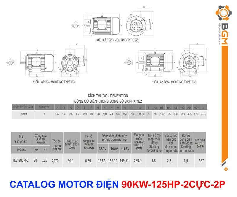 Catalog bản vẽ Motor điện công suất 90kw - 125Hp: