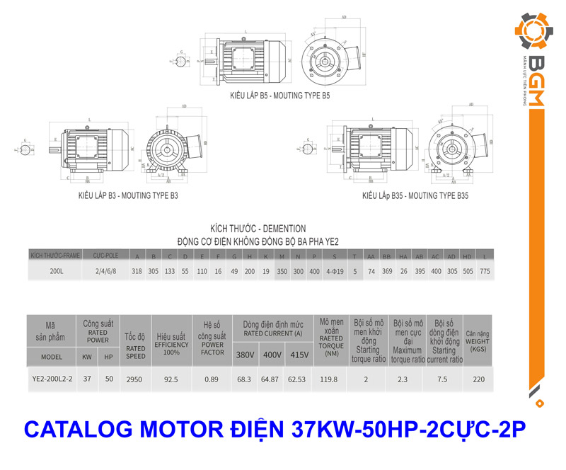 catalog bản vẽ motor điện 37kw-5-hp 2cực-2p