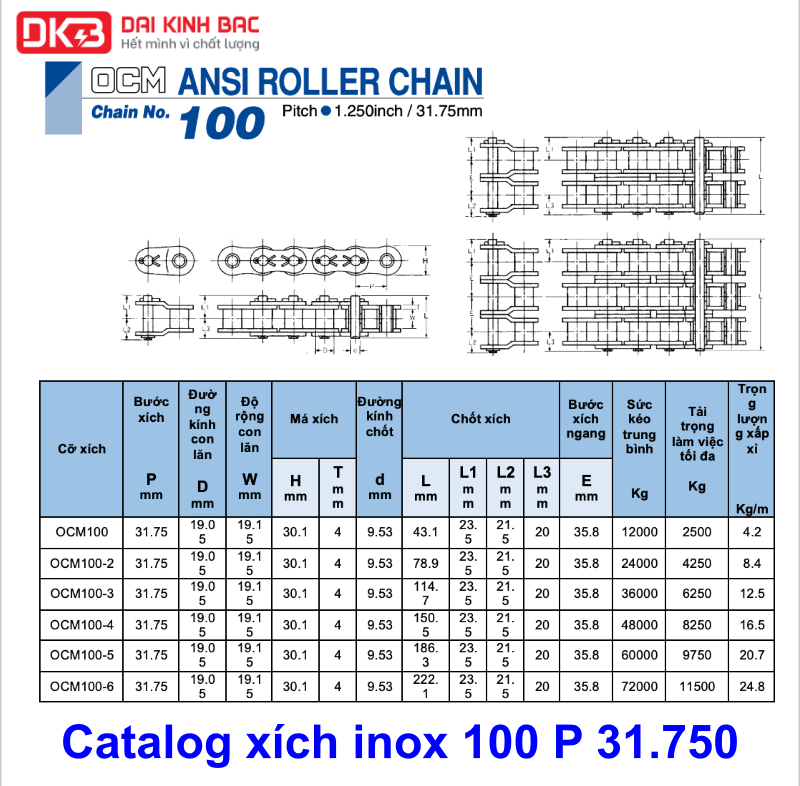 catalog xích inox công nghiệp 100 bước xích 31.750