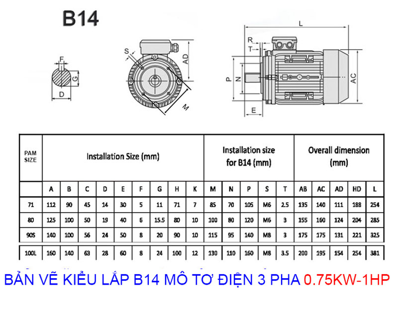 bản vẽ mô tơ điện 3 pha 0.75kw 1hp B14