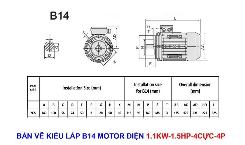 Bản vẽ Thông Số Motor Điện 1.1Kw - 1.5Hp: