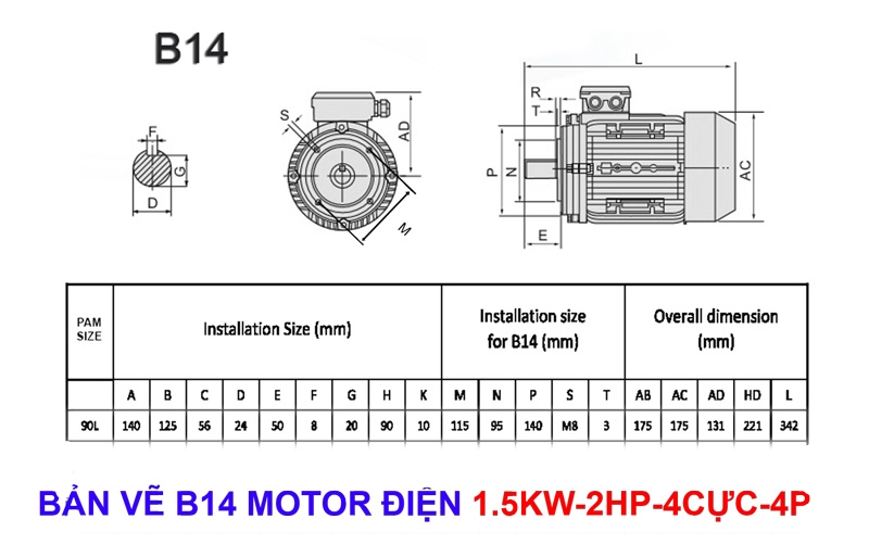 - Bản vẽ và thông số chi tiết Motor điện 1.5kw - 2Hp: