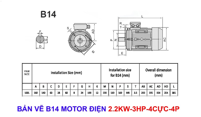 Bản vẽ thông số chi tiết motor điện công suất 2.2kw-3hp-4cực-4p