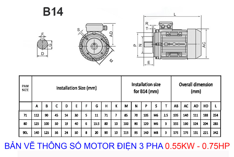 Catalog Motor Điện 3 Pha 0.55KW - 0.75HP B14