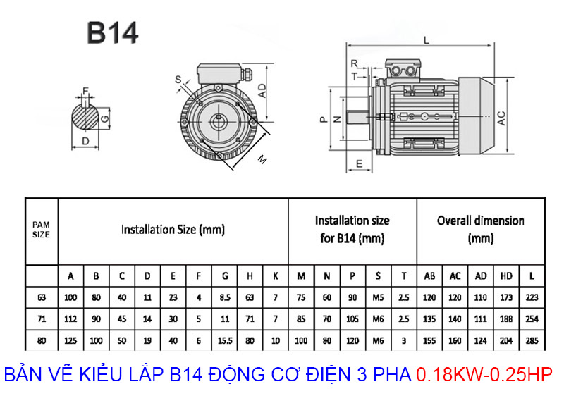 bản vẽ kiểu lắp b14 động cơ điện 3 pha 0.18kw 0.25hp