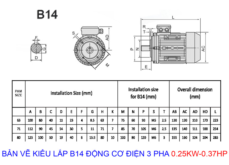 bản vẽ kiểu lắp b14 động cơ điện 3 pha 0.25kw 0.37hp