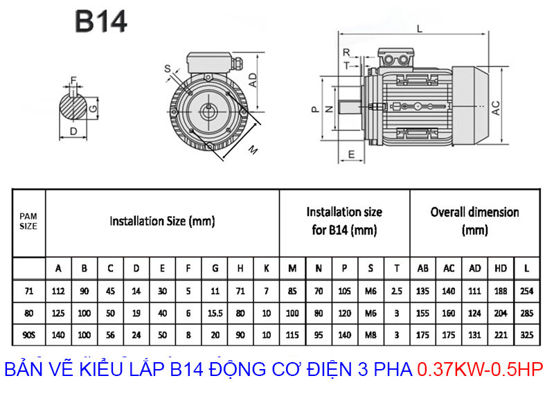 bản vẽ kiểu lắp b14 động cơ điện 3 pha 0.37kw 0.5hp