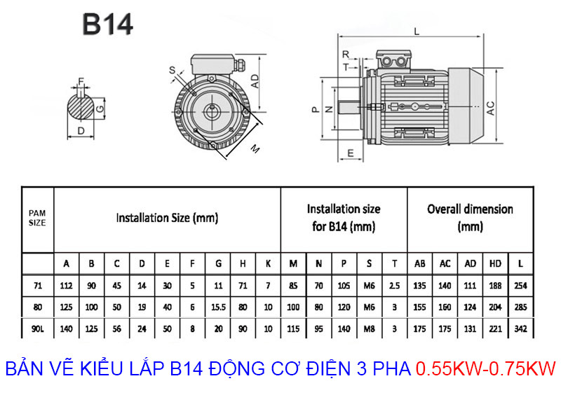 bản vẽ kiểu lắp b14 động cơ điện 3 pha 0.55kw 0.75hp