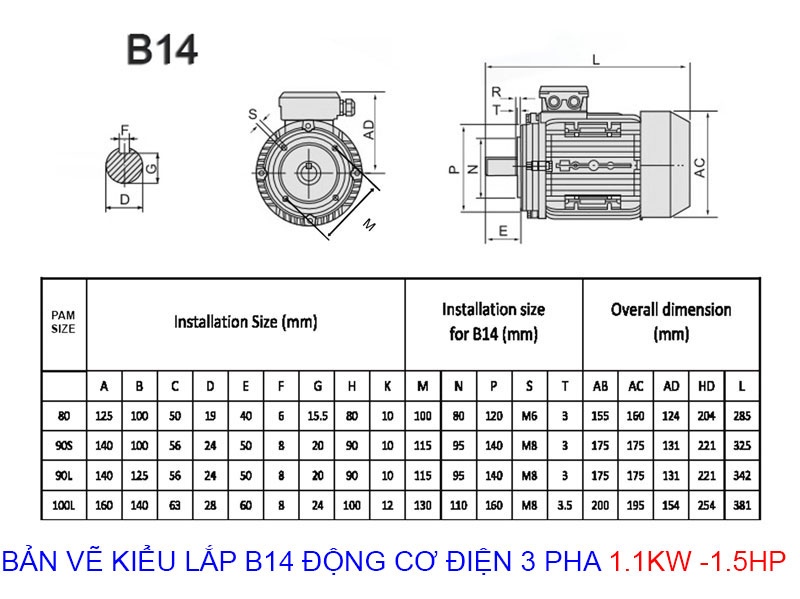 bản vẽ kiểu lắp b14 động cơ điện 3 pha 1.1kw 1.5hp