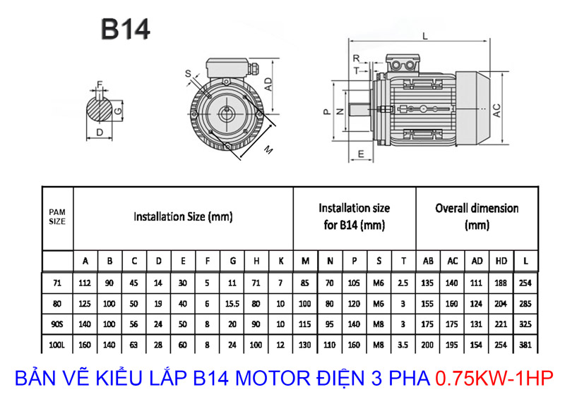 bản vẽ thông số Motor Điện 3 Pha 0.75KW - 1HP B14
