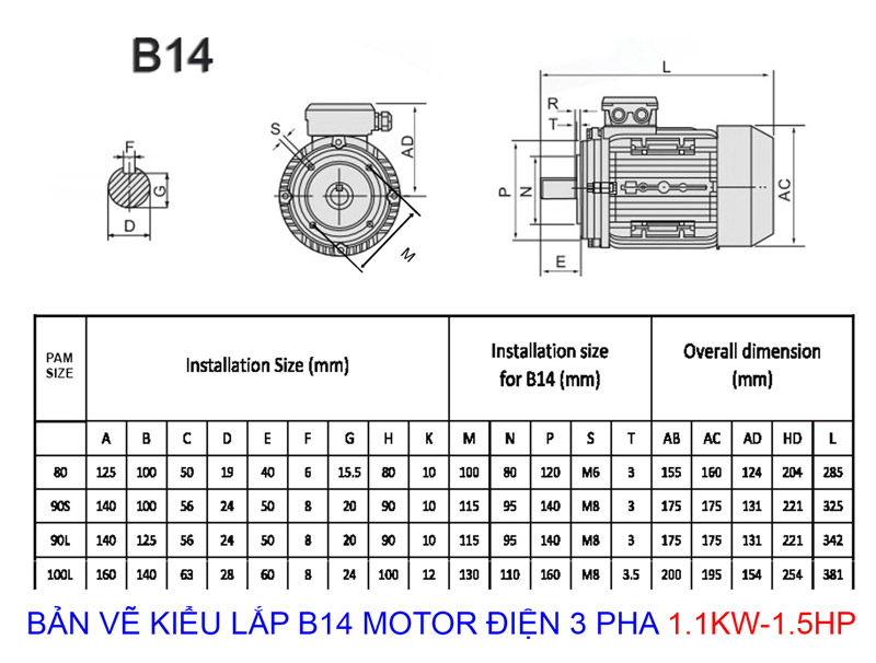 Bản vẽ thông số B14 Motor Điện 3 Pha 1.1KW - 1.5HP