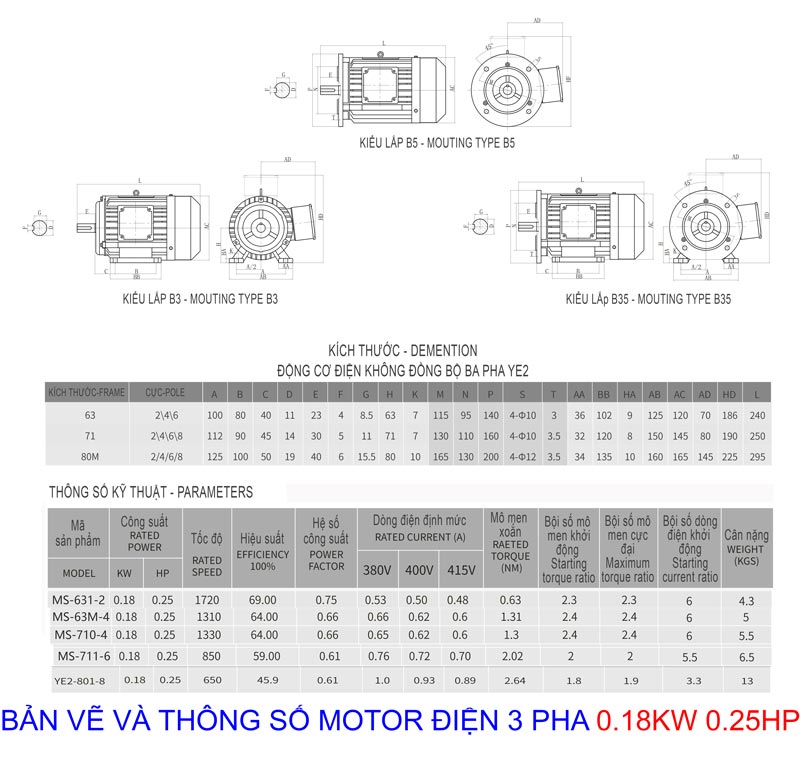 Bản vẽ catalog Motor Điện 3 Pha 0.18KW - 0.25HP