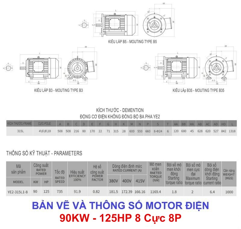 bản vẽ thông số chi tiết Motor điện 90kw - 125hp 8 Cực 8p