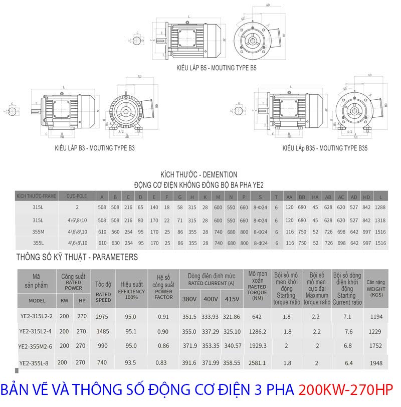 bản vẽ và thông số động cơ điện 3 pha 200kw 270hp