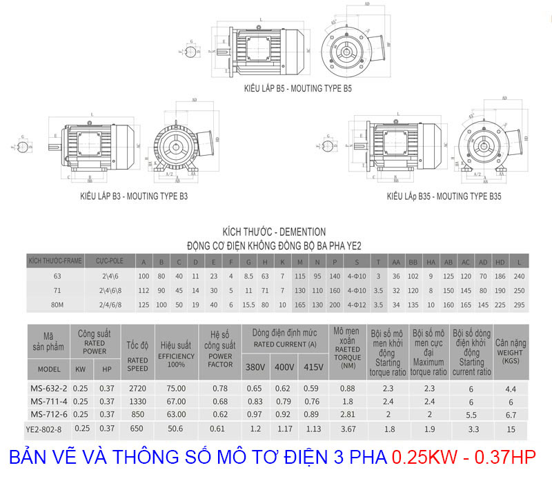 bản vẽ và thông số mô tơ điện 3 pha 025kw 037hp