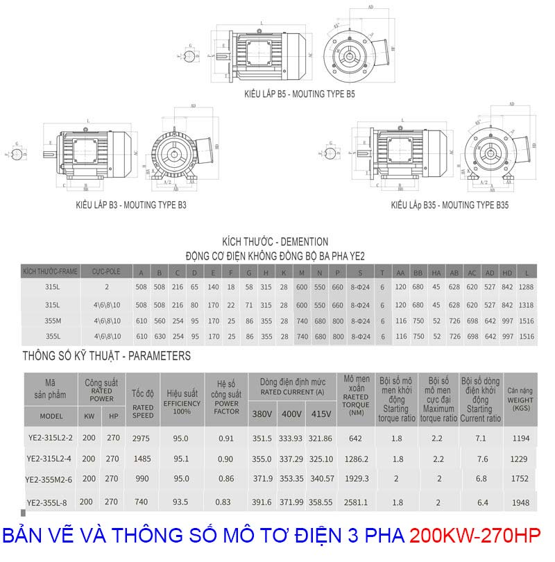 bản vẽ và thông số mô tơ điện 3 pha 200kw 270hp