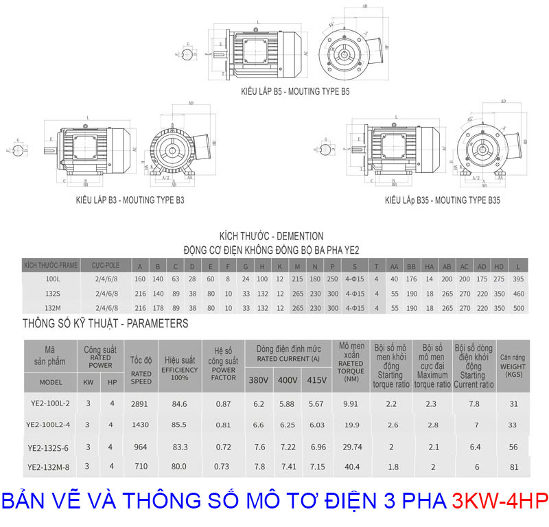 bản vẽ và thông số mô tơ điện 3 pha 3kw 4hp