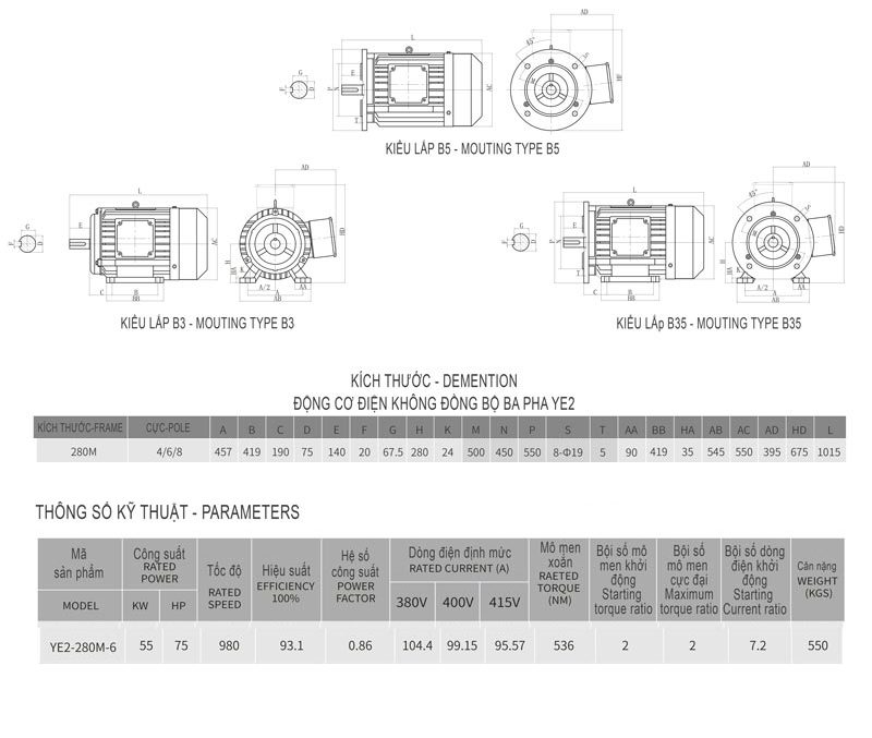 Bản vẽ chi tiết thông số motor 55kw-75Hp 6p