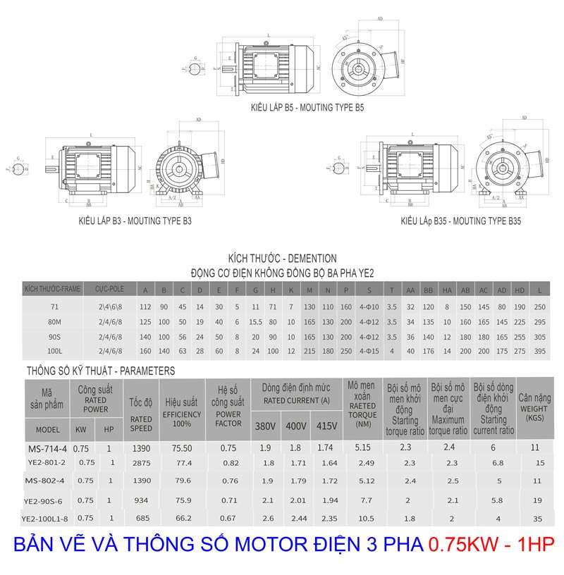 bản vẽ thông số Motor Điện 3 Pha 0.75KW - 1HP