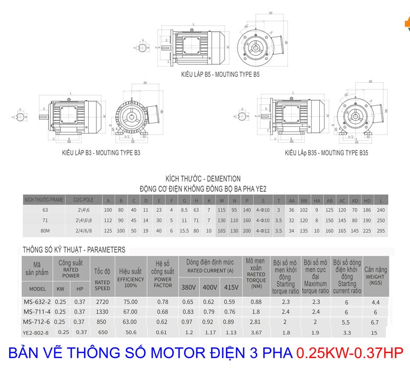 Bản vẽ thông số Motor Điện 3 Pha 0.25KW - 0.37HP 037hp