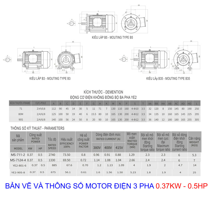 Bản vẽ thông số Motor Điện 3 Pha 0.37KW - 0.5HP