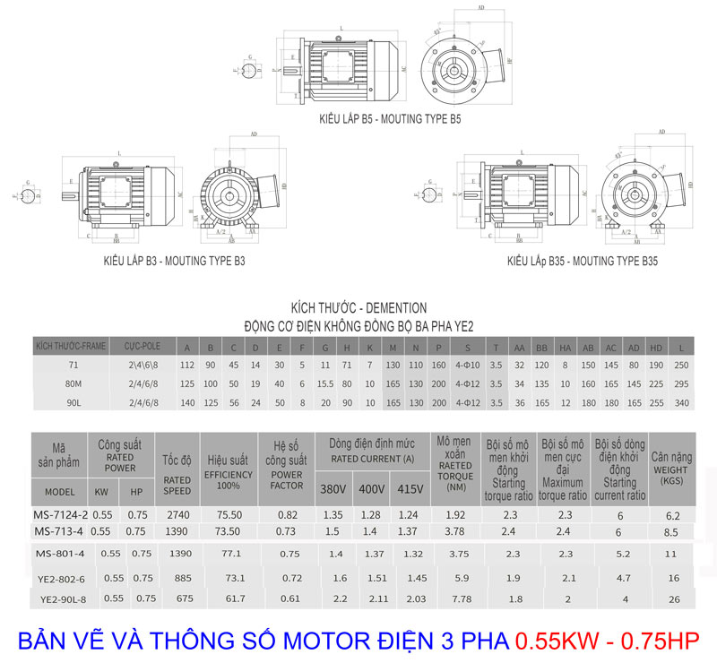 Catalog Motor Điện 3 Pha 0.55KW - 0.75HP