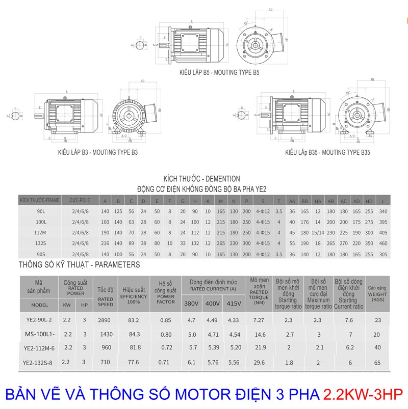 Bản vẽ thông số Motor Điện 3 Pha 2.2KW - 3HP