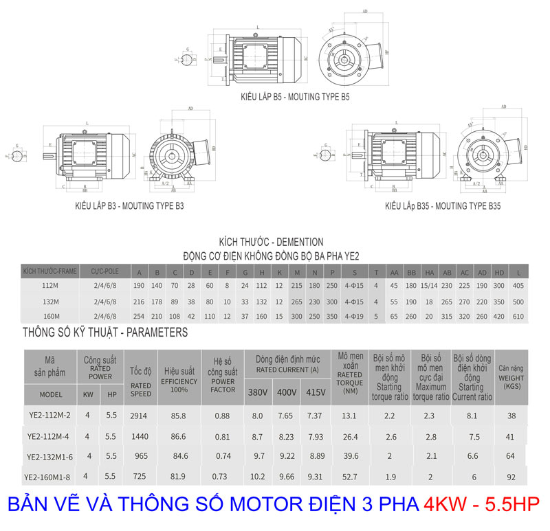 Bản vẽ thông số Motor Điện 3 Pha 4KW - 5.5HP