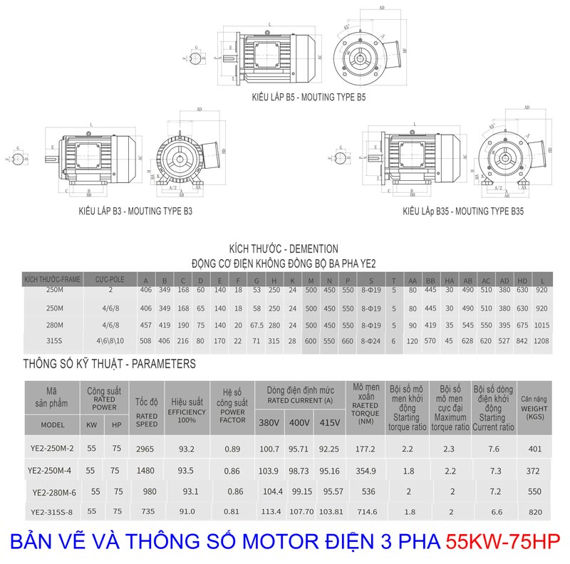 catalog bản vẽ motor điện 3 pha 55kw 75hp
