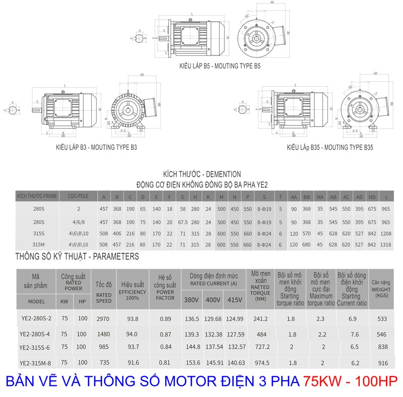 Catalog thông số Motor Điện 3 pha 75kw 100hp