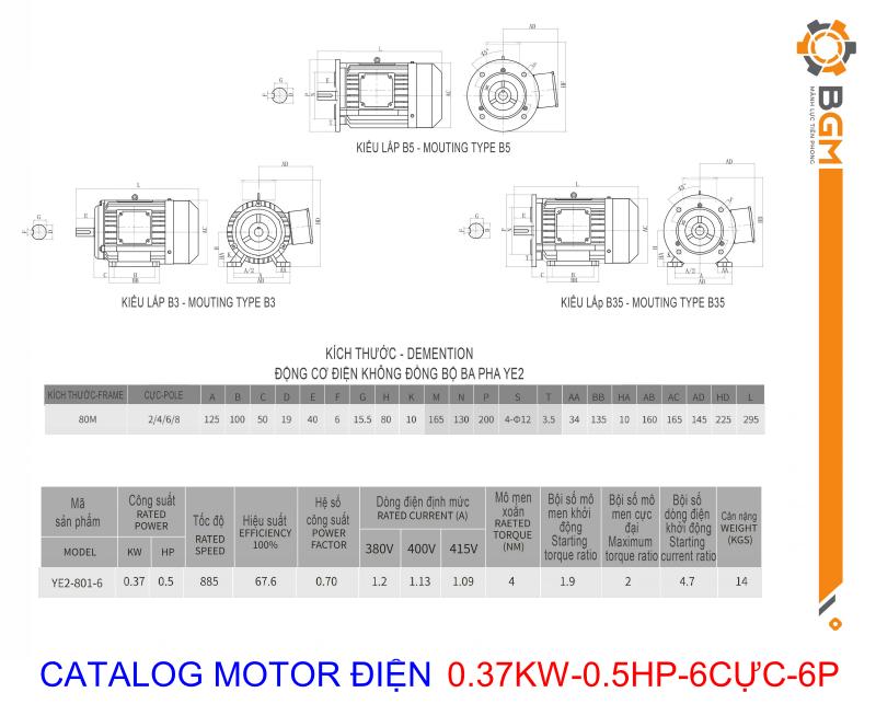Bản vẽ chi tiết thông số motor 0.37Kw - 0.5Hp 6p
