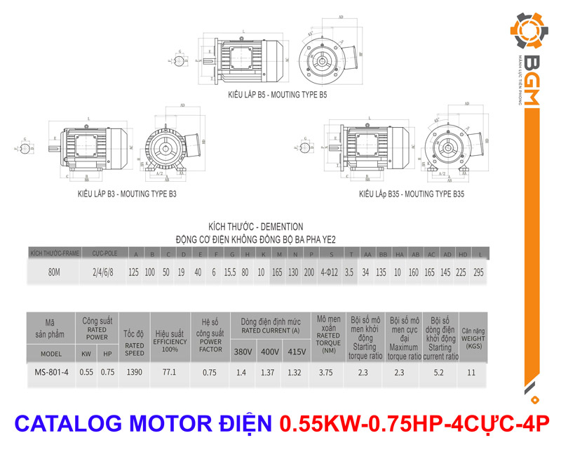 - Bản vẽ và thông số kỹ thuật Motor 0.55kw: