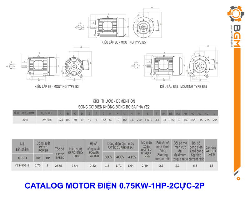catalog motor điện 0.75kw-1hp-2 cực-2p