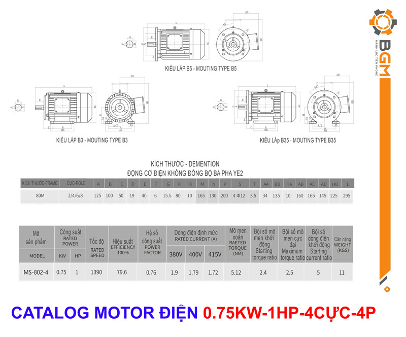  Bản vẽ thông số kỹ thuật Motor điện 0.75kw 4cực