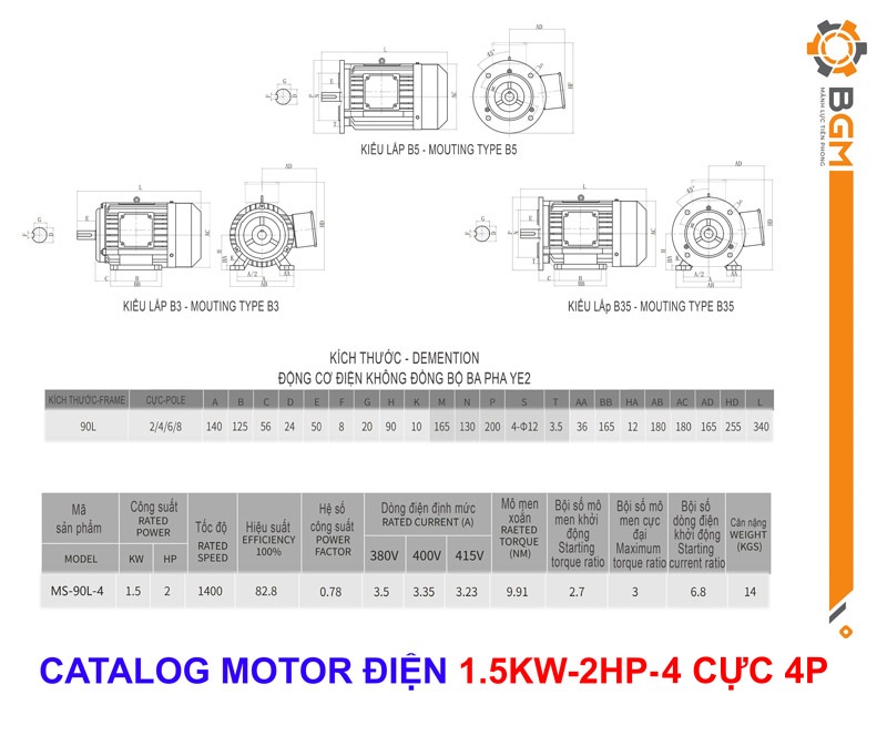 Bản vẽ và thông số chi tiết Motor điện 1.5kw - 2Hp: