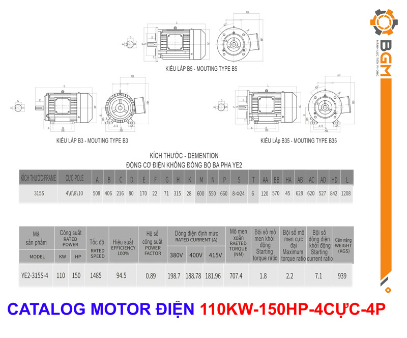 Bản vẽ Thông số Motor điện công suất 110kw - 150hp 4 CỰC