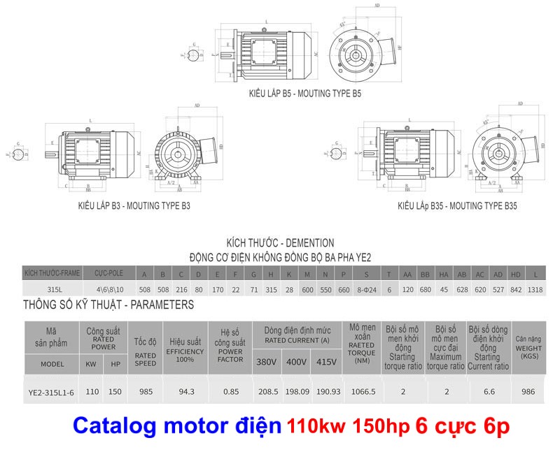 Bản vẽ chi tiết thông số motor 110kw 150hp 6p