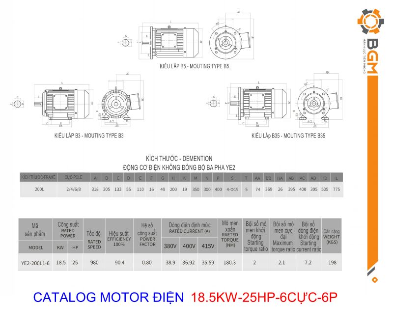 Bản vẽ chi tiết thông số motor 18.5kw-25Hp: