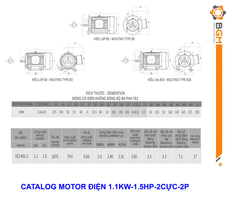  Bản vẽ Thông Số Motor Điện 1.1Kw - 1.5Hp 2 cực