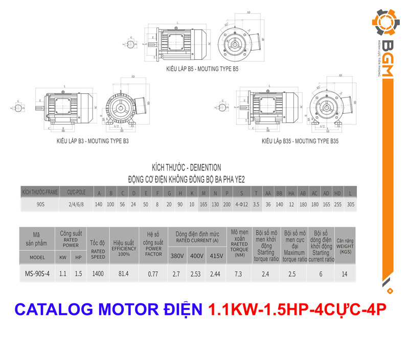 - Bản vẽ Thông Số Motor Điện 1.1Kw - 1.5Hp:
