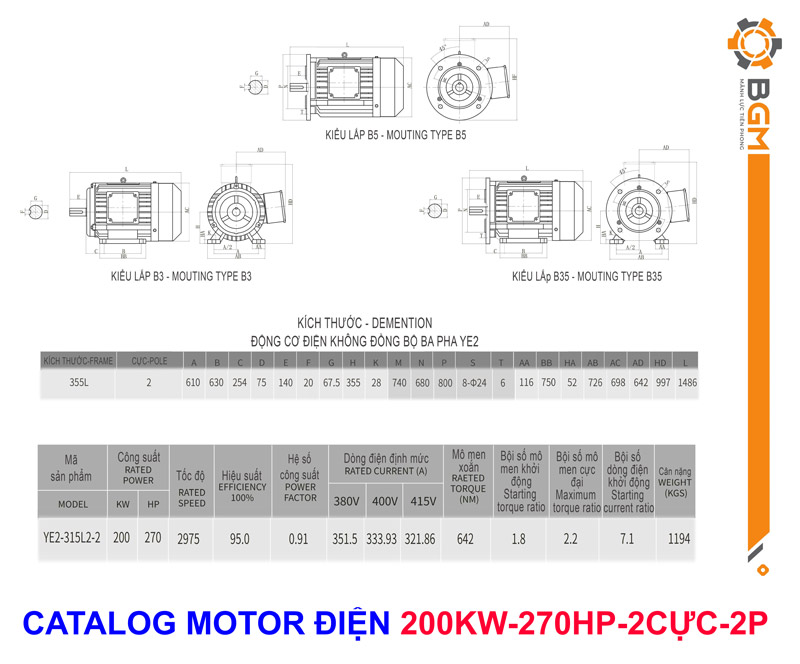 Bản vẽ thông số Motor điện 200Kw-270Hp: