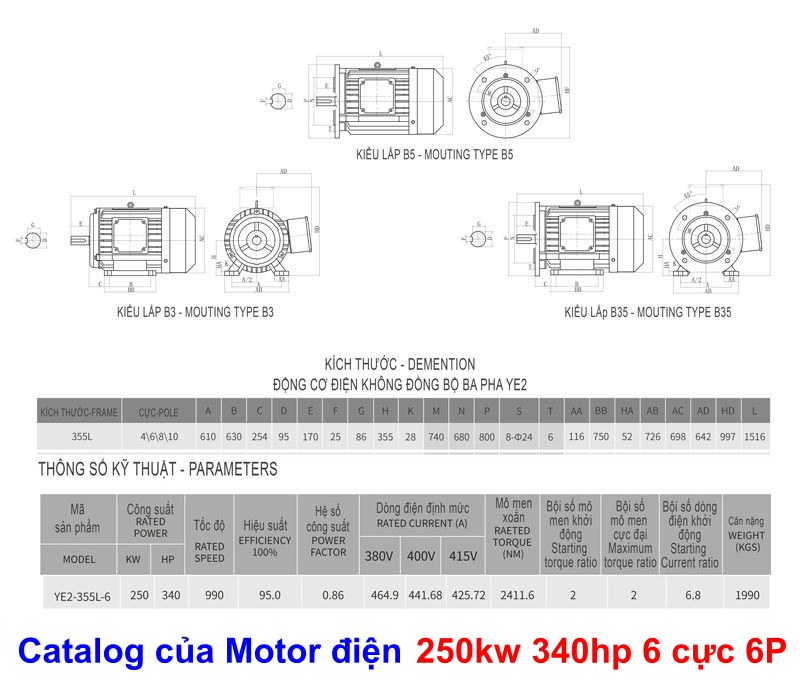 Bản vẽ chi tiết thông số motor 250kw - 340hp 6 cực