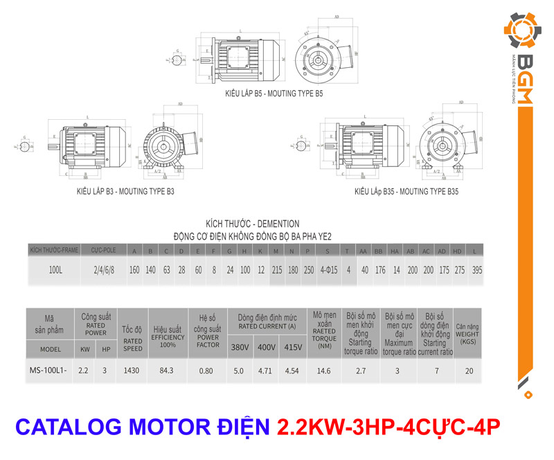 - Bản vẽ thông số chi tiết motor điện công suất 2.2kw-3hp: